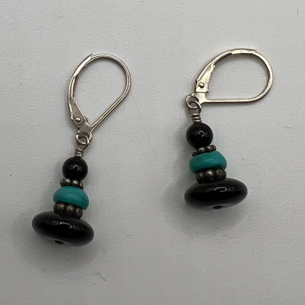 TURQUOISE-ONYX-STERLING SILVER LEVERBACK EARRINGS